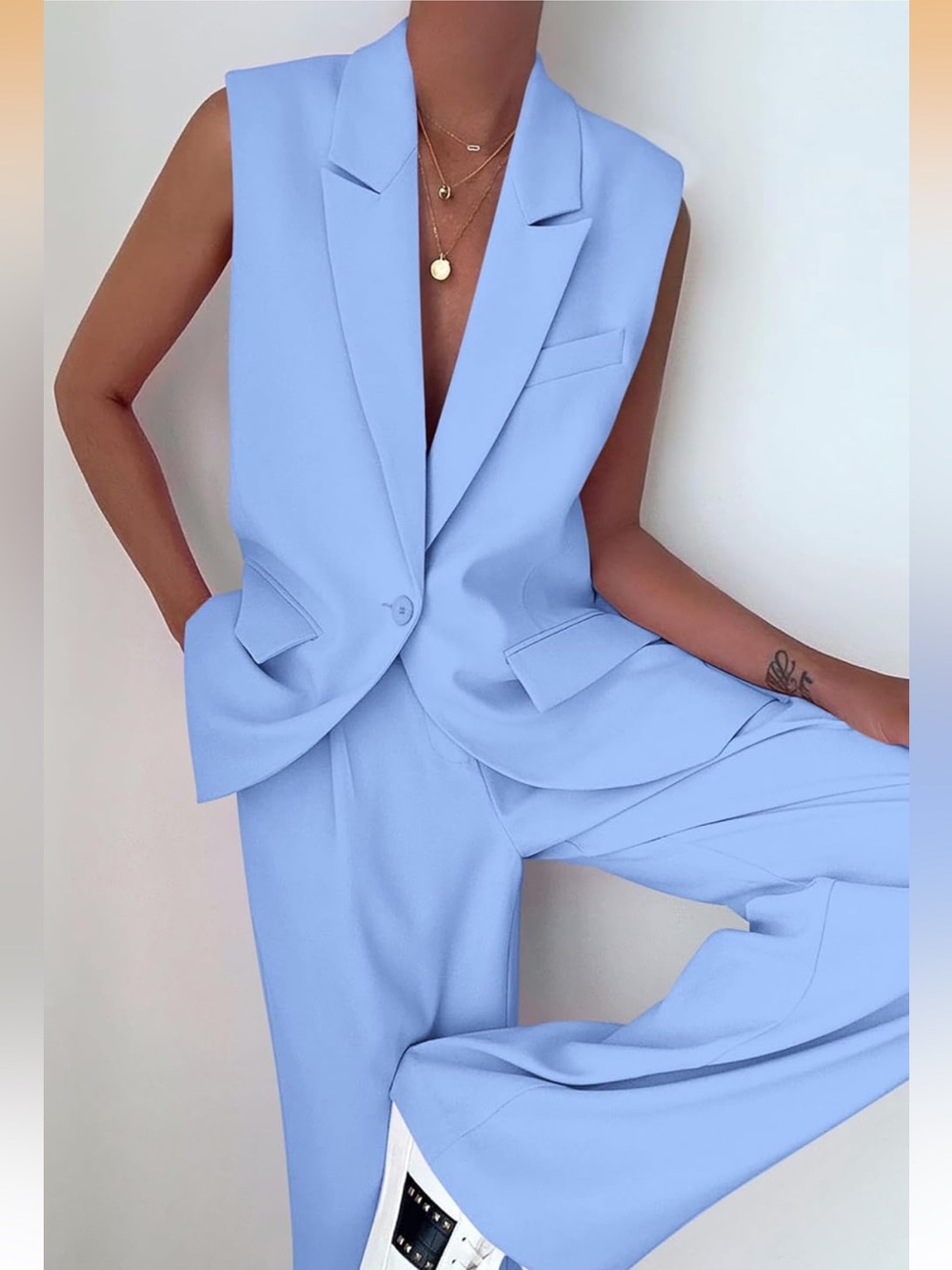 Women’s Two Piece Outfit Sleeveless Suit Vest and Wide Leg Pants Blazer Set - Picture 5 of 11